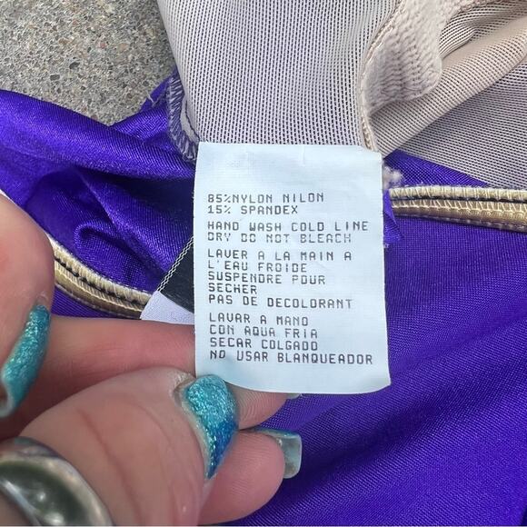 80s Longitude Royal Purple Ruched Faux Button Madonna One Piece Swimsuit 14 TALL - Picture 8 of 8